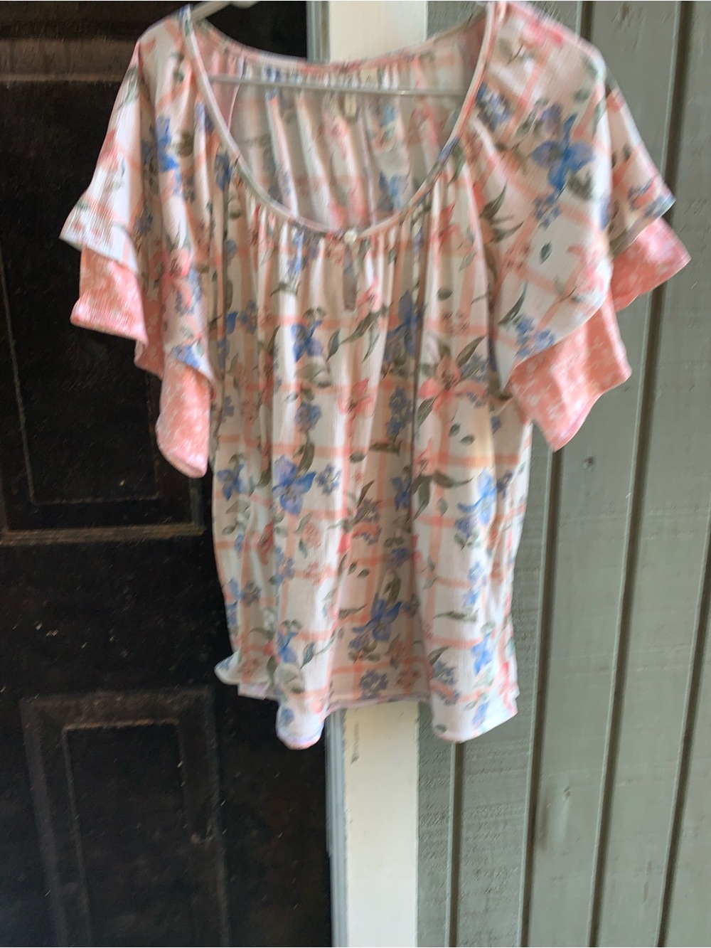 Cato Pink & Blue Floral Ruffle Sleeve Top